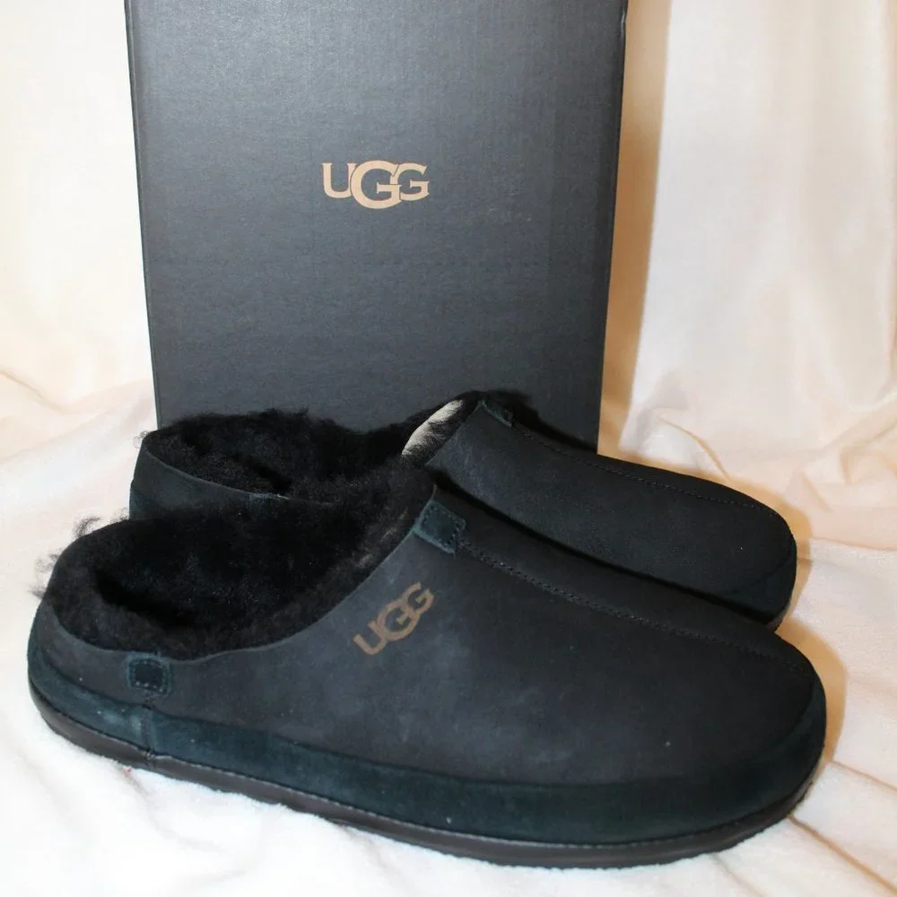 NIB UGG MEN'S PARKDALE SLIP ON SUEDE‎ SHEARLING LINED CLOG SLIPPERS BLACK